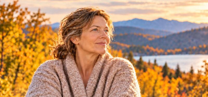 Frau blickt entspannt in eine herbstliche Landschaft