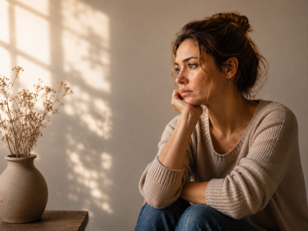 Nachdenkliche Frau als Symbol für Stress, kreisende Gedanken und emotionale Blockaden
